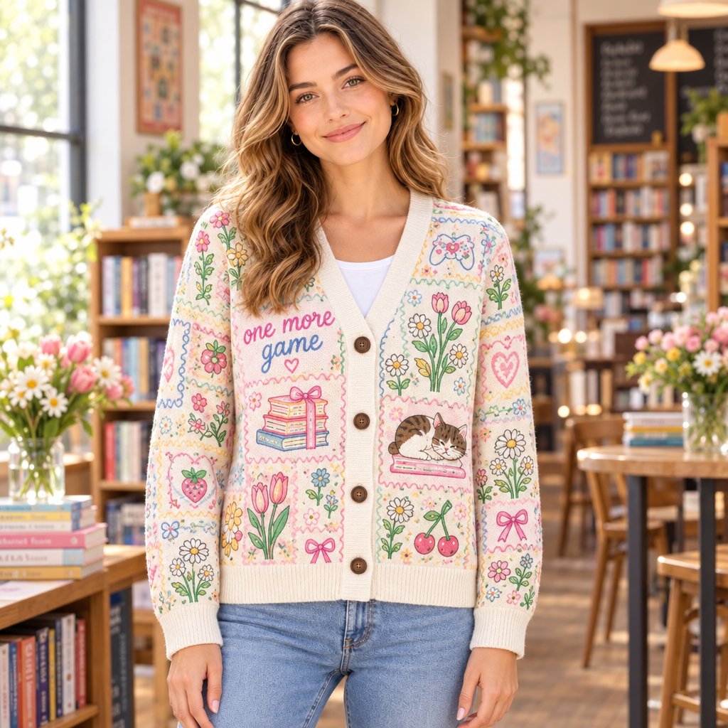Female model wearing the pastel floral book club cardigan