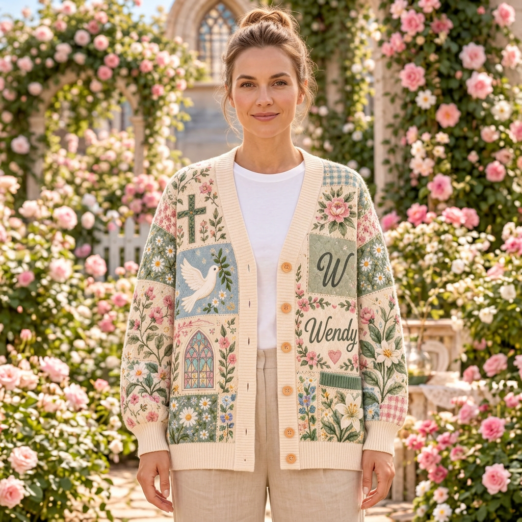 Female model wearing the personalized floral Christian cardigan