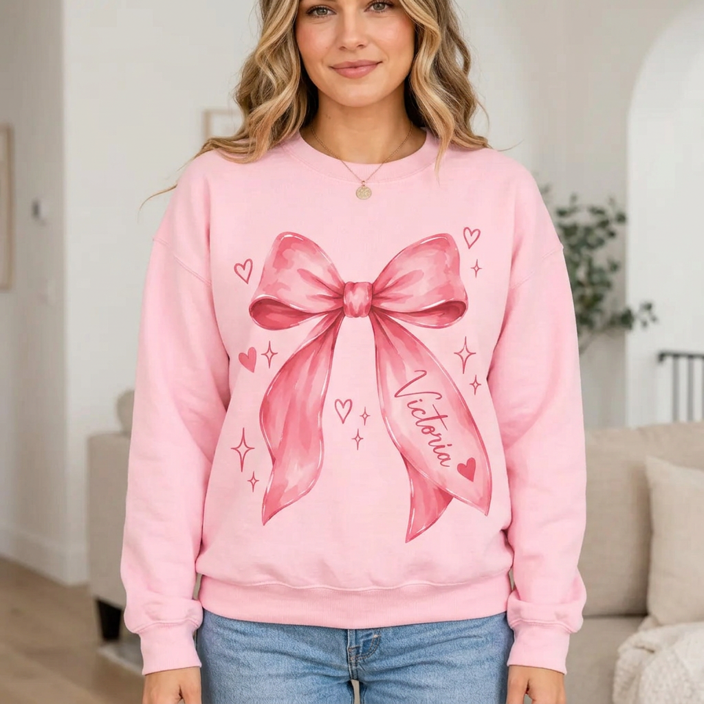 Female model wearing the pink bow sweatshirt