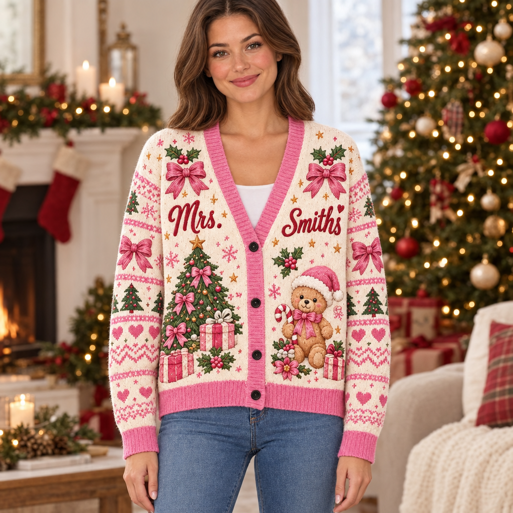 Female model wearing the pink Christmas cardigan