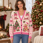 Female model wearing the pink Christmas cardigan
