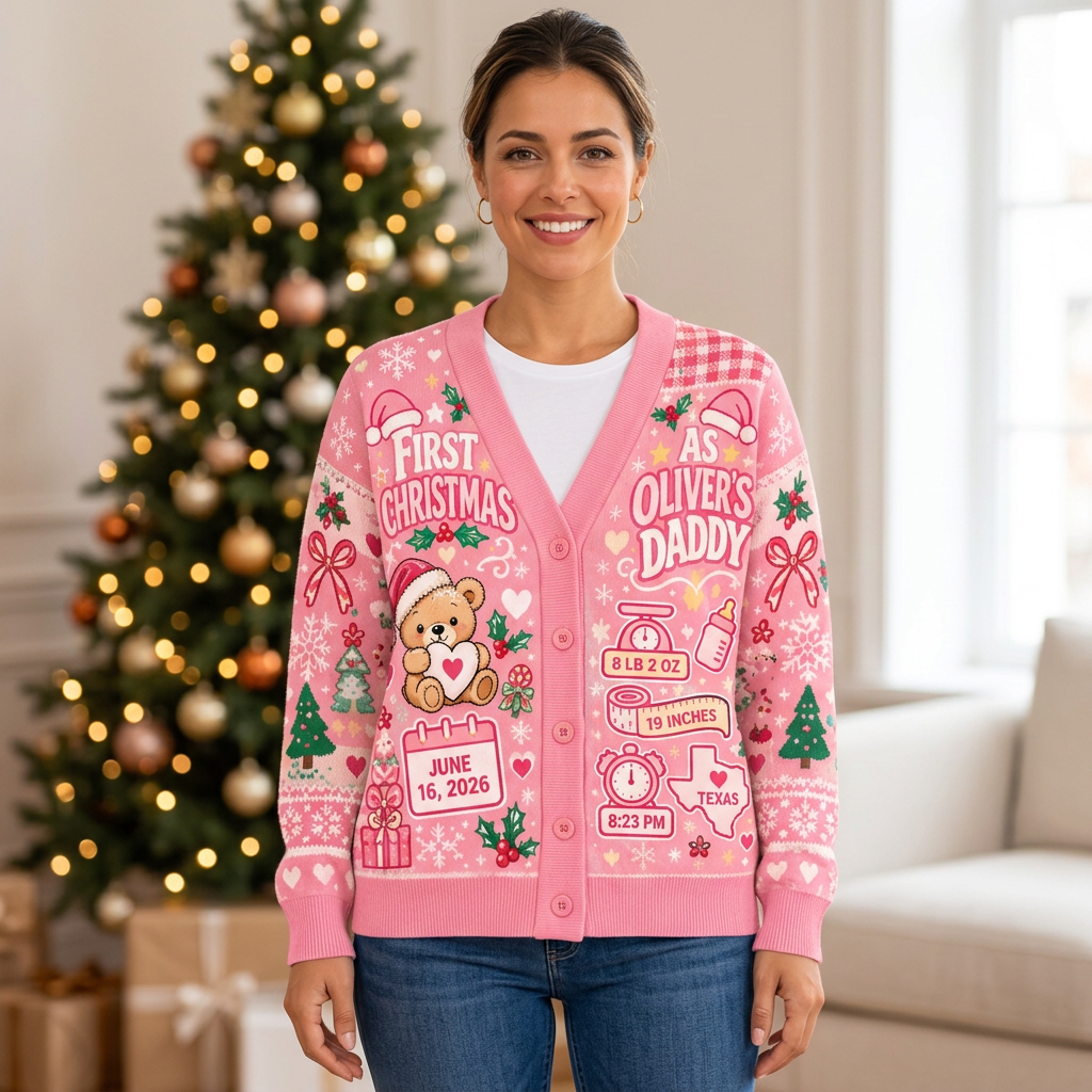Female model wearing the pink Christmas cardigan
