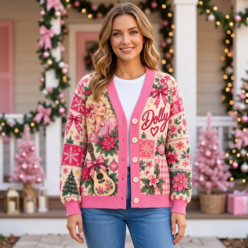 Female model wearing the pink Dolly Christmas cardigan