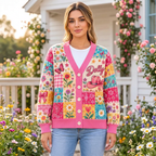 Female model wearing the pink Dolly patchwork cardigan