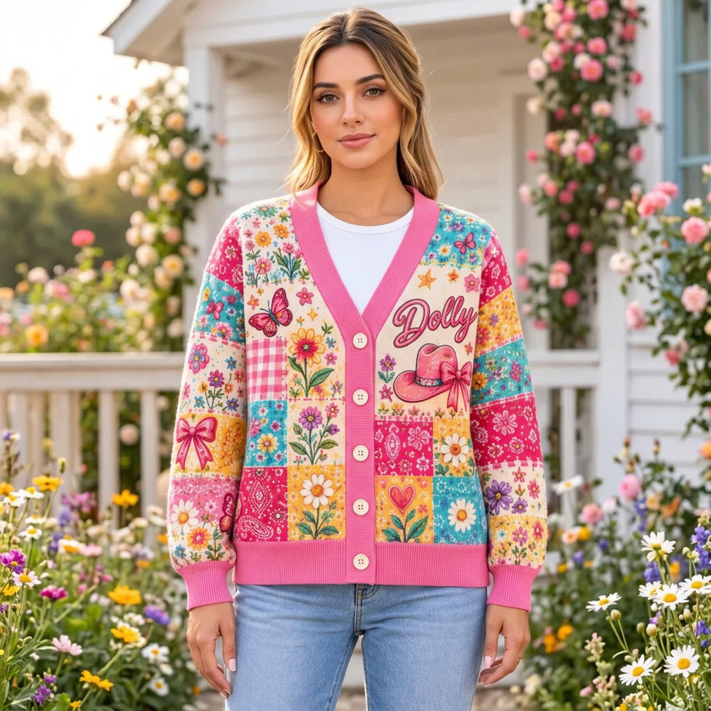 Female model wearing the pink Dolly patchwork cardigan