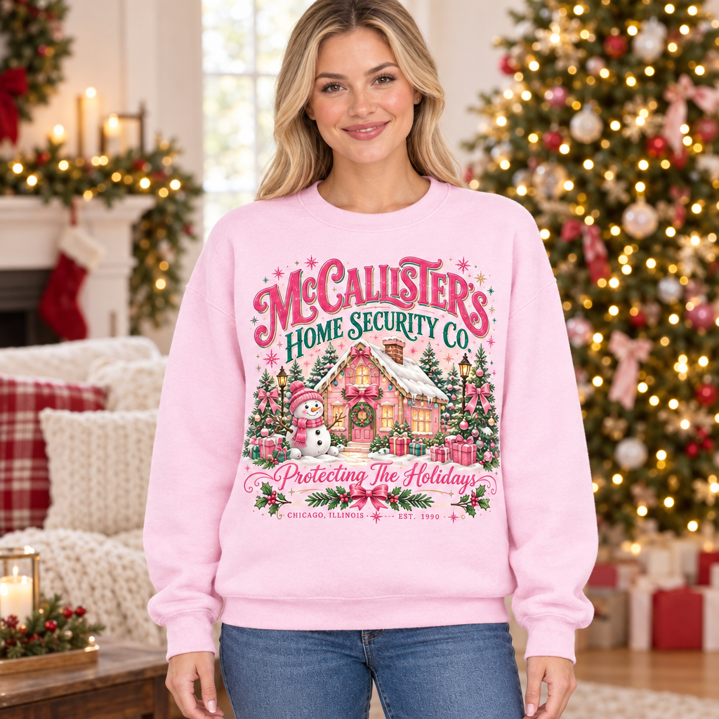 Female model wearing the pink McCallister’s sweatshirt