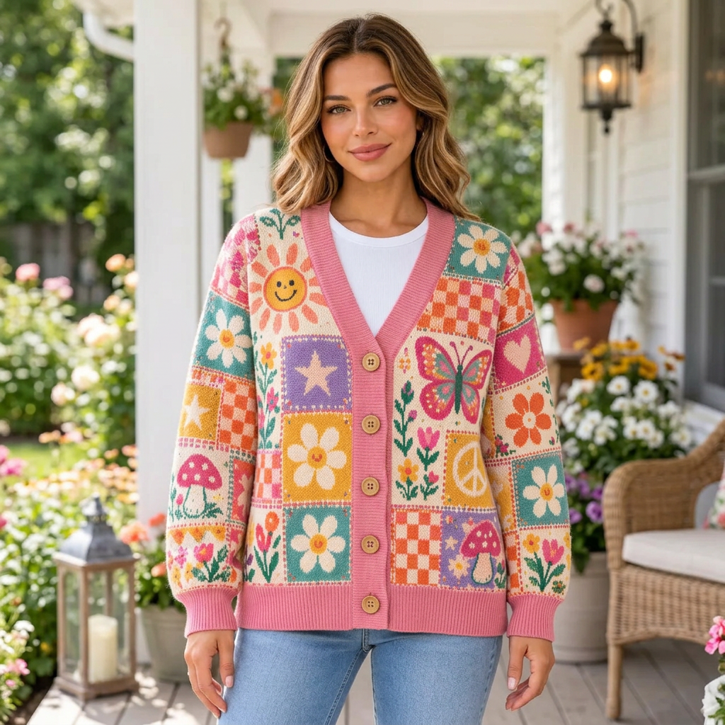 Female model wearing the pink retro patchwork cardigan