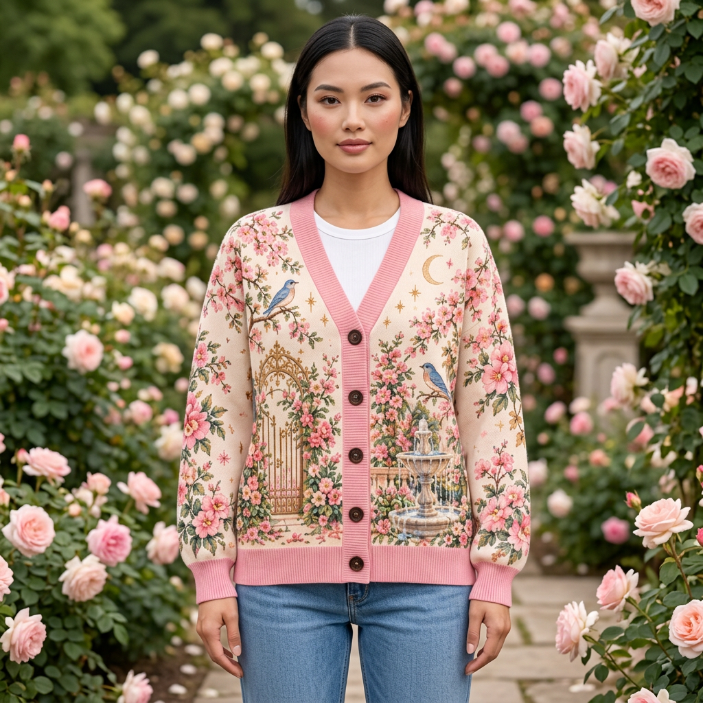 Female model wearing the pink rose garden cardigan