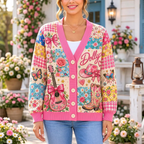 Female model wearing the pink western floral cardigan