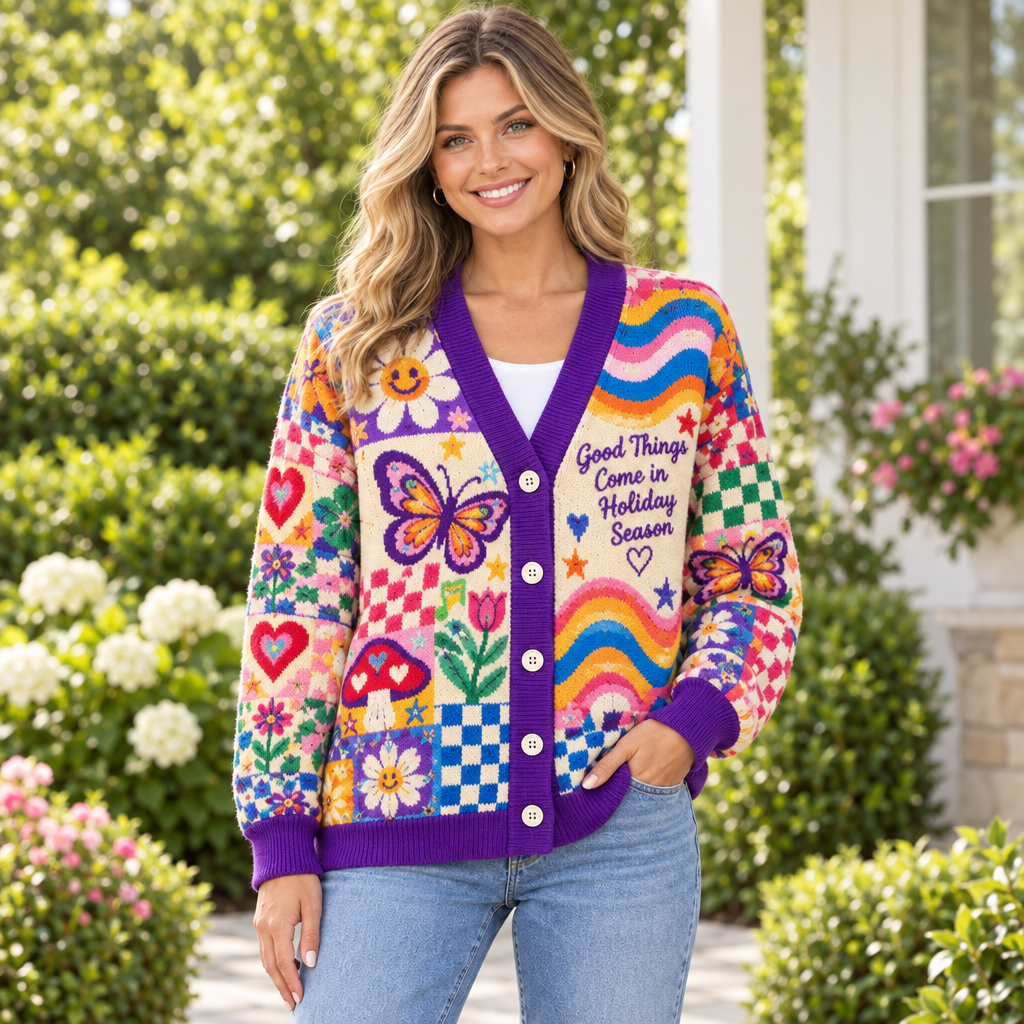 Female model wearing the purple-trim colorful patchwork cardigan