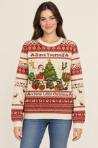 Female model wearing the raccoons and ducks Christmas sweater