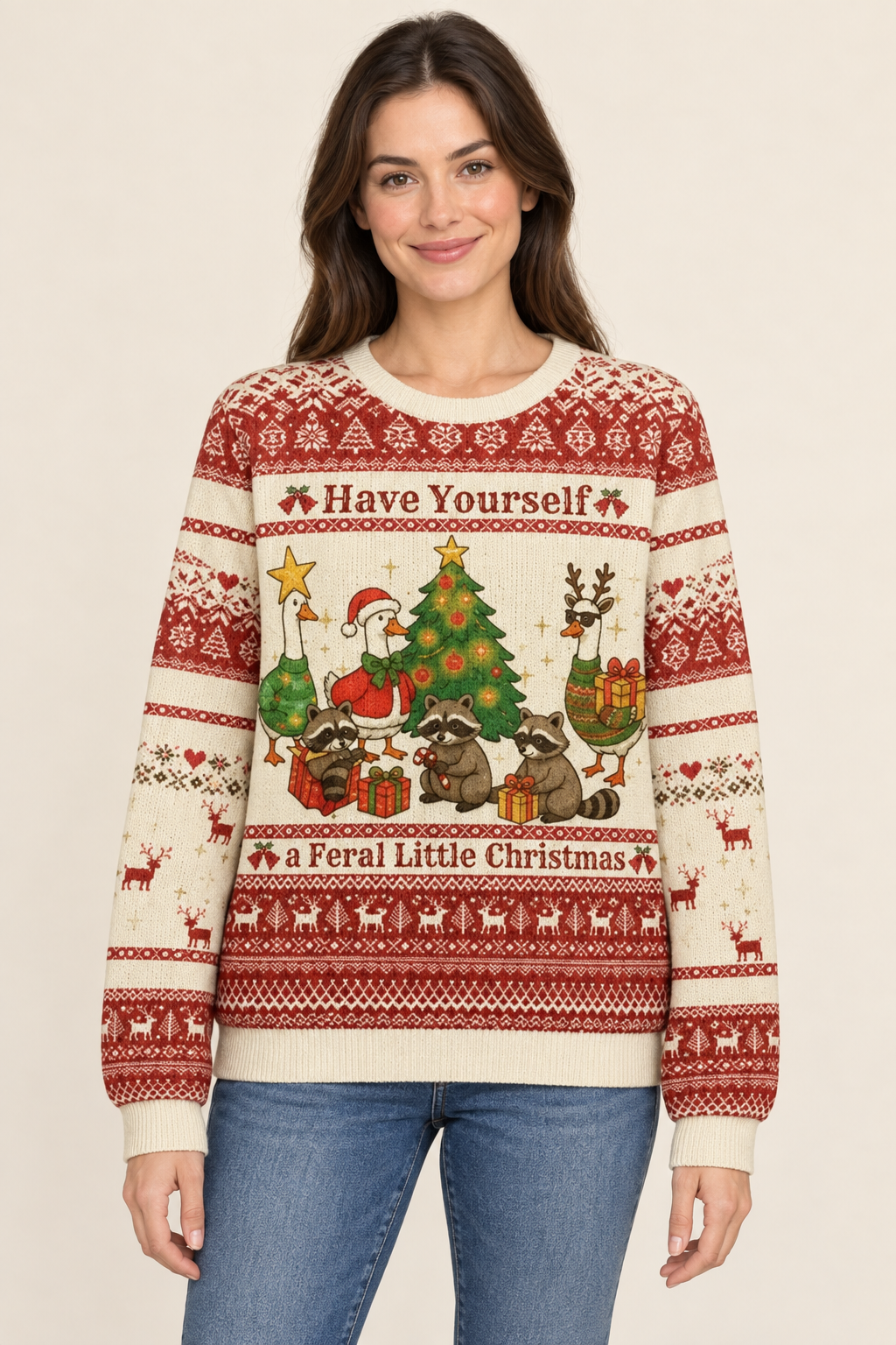 Female model wearing the raccoons and ducks Christmas sweater