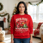 Female model wearing the red Holiday Spirit Cocktail Club sweatshirt