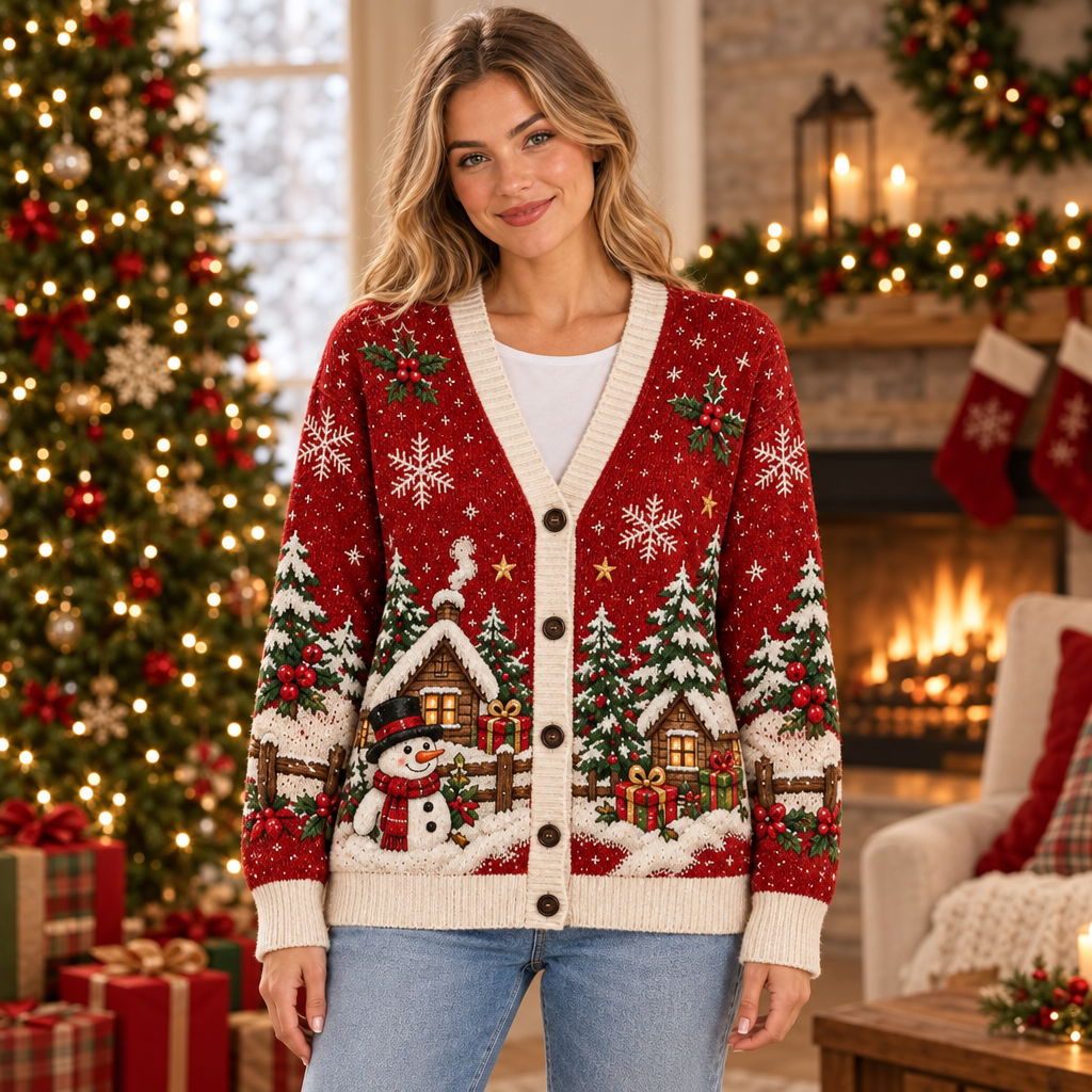 Female model wearing the red snowman Christmas cardigan