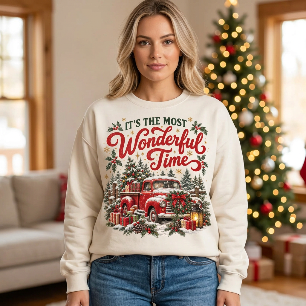 Female model wearing the red truck Christmas sweatshirt