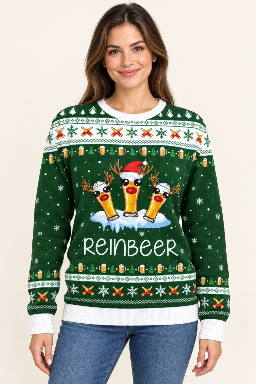 Female model wearing the Reinbeer sweater