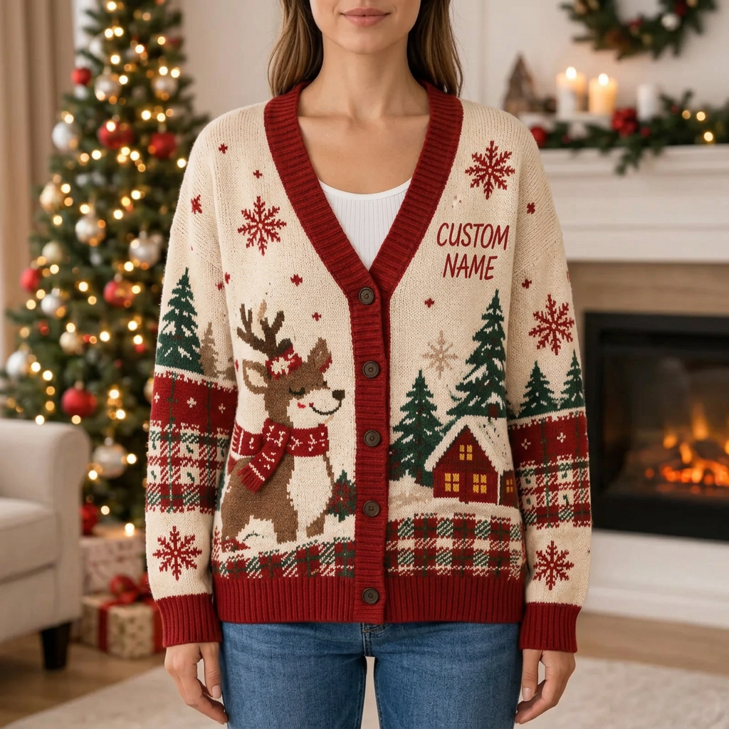 Female model wearing the reindeer and winter cabin cardigan