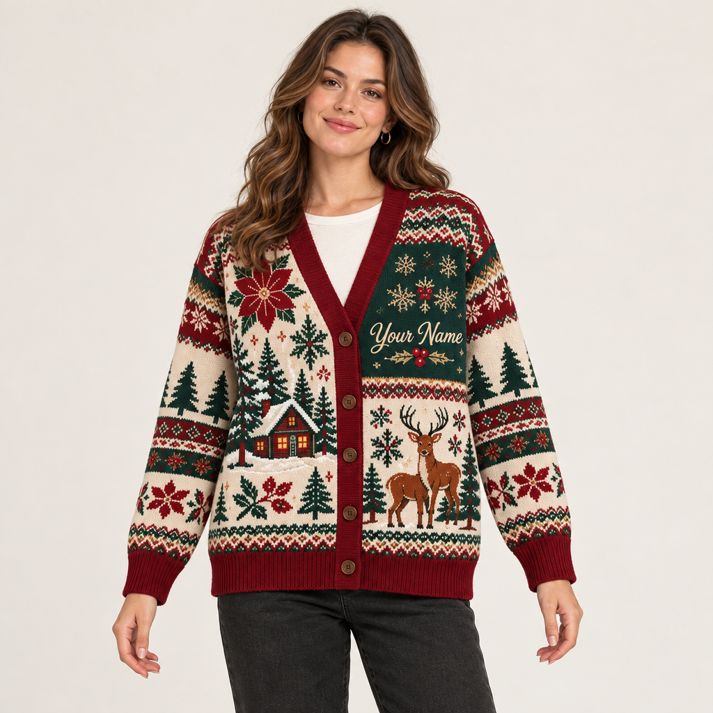Female model wearing the reindeer Christmas cardigan