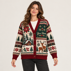 Female model wearing the reindeer Christmas cardigan