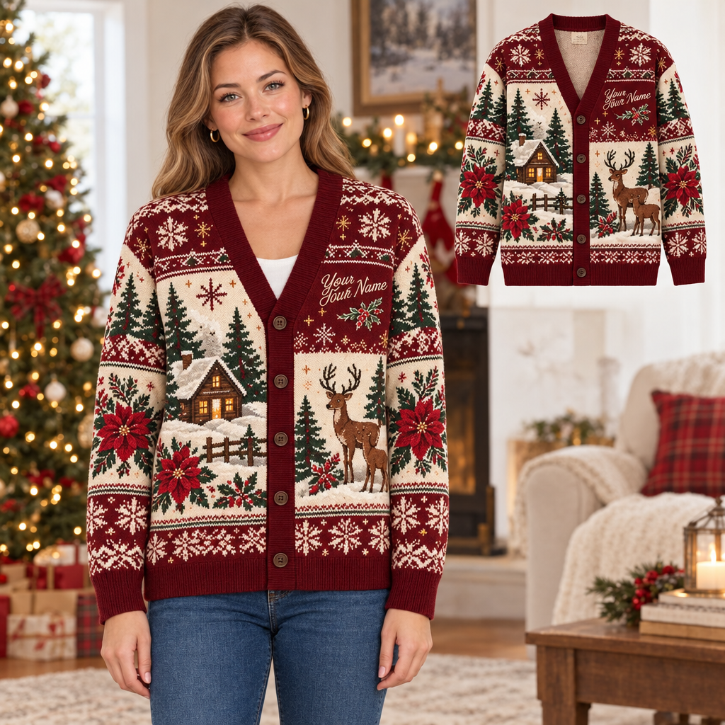 Female model wearing the reindeer Christmas cardigan