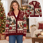 Female model wearing the reindeer Christmas cardigan