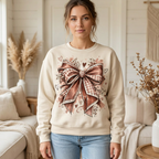Female model wearing the ribbon-bow sweatshirt