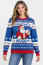 Female model wearing the rugby Christmas sweater