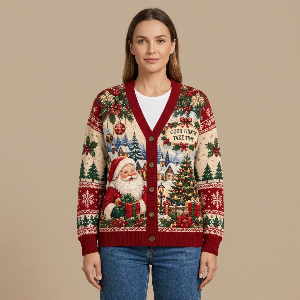 Female model wearing the Santa Christmas cardigan