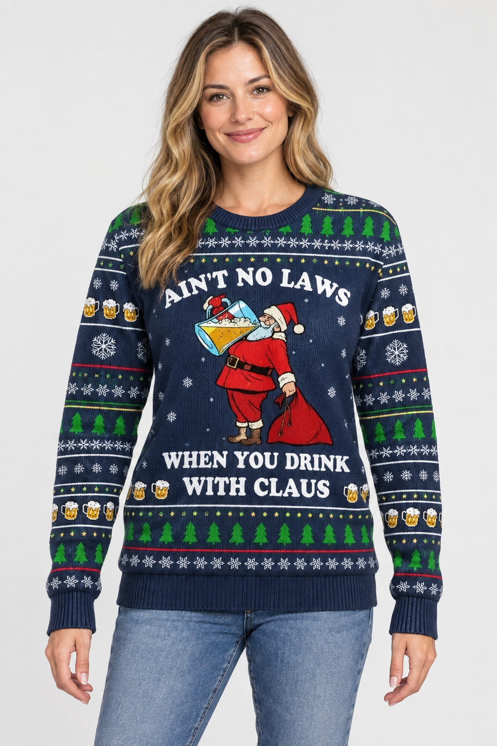 Female model wearing the Santa Christmas sweater