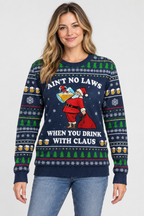 Female model wearing the Santa Christmas sweater
