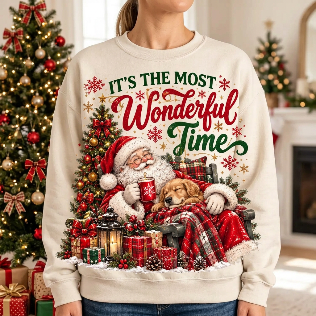 Female model wearing the Santa Christmas sweatshirt