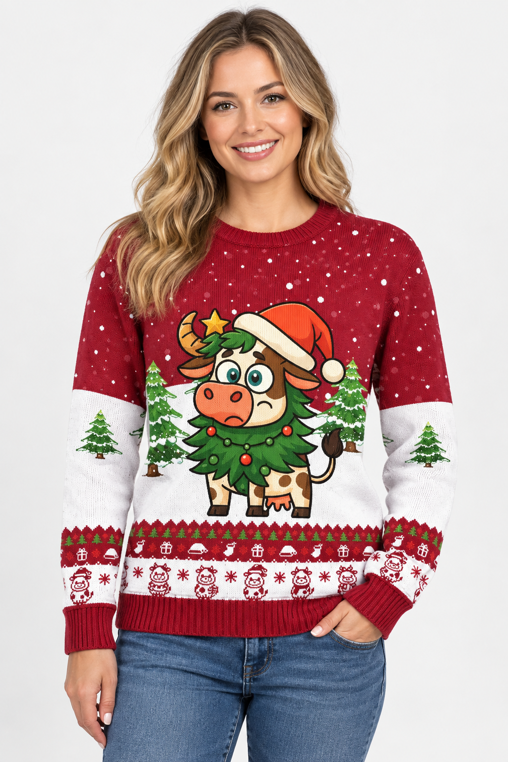 Female model wearing the Santa Cow sweater