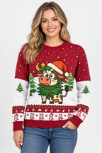 Female model wearing the Santa Cow sweater