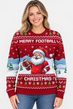 Female model wearing the Santa Merry Football sweater