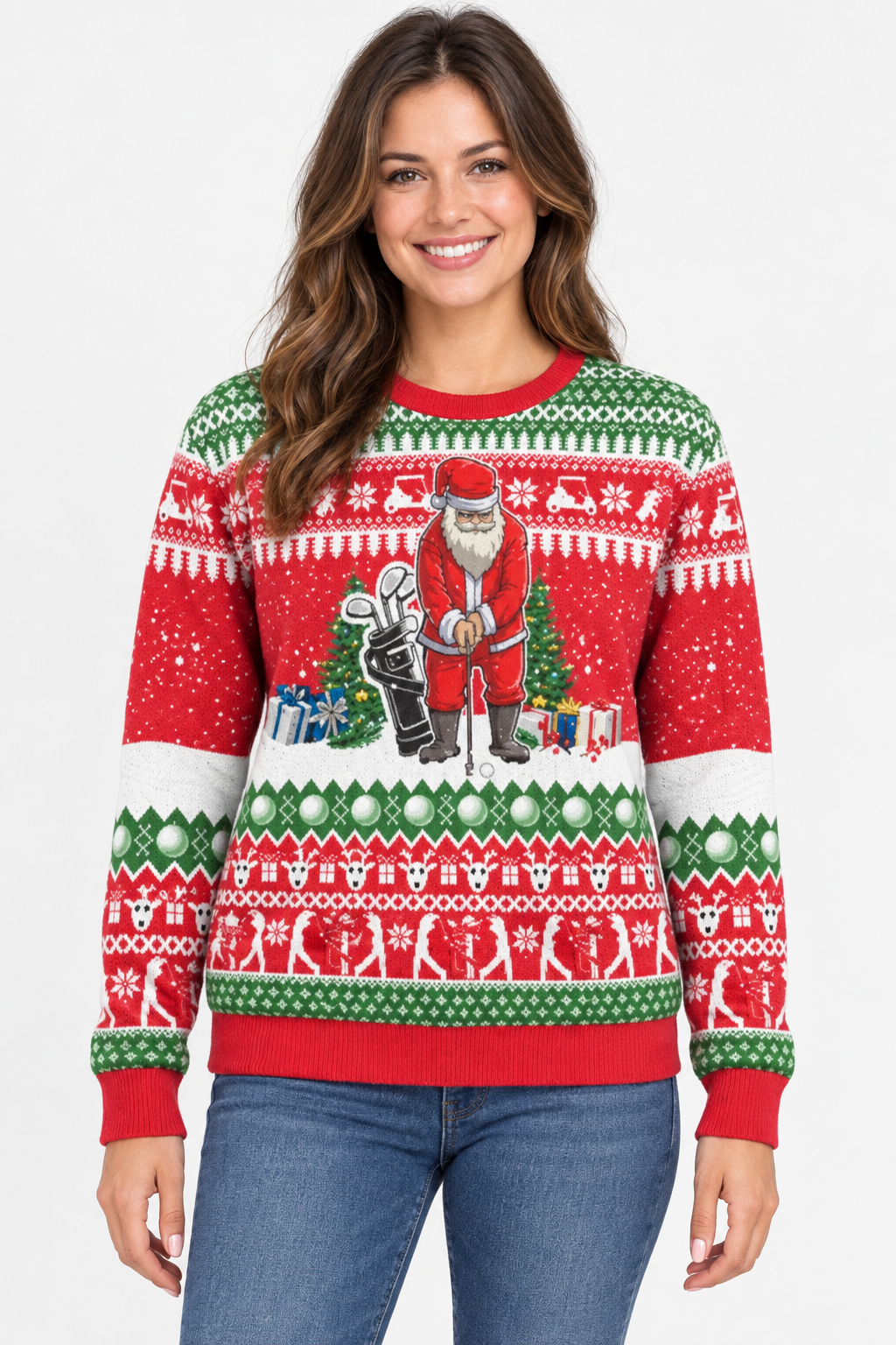 Female model wearing the Santa Playing Golf sweater