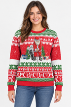 Female model wearing the Santa Playing Golf sweater