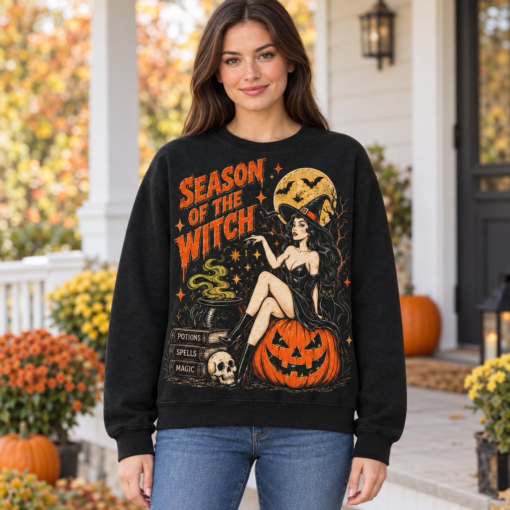 Female model wearing the Season of the Witch sweatshirt