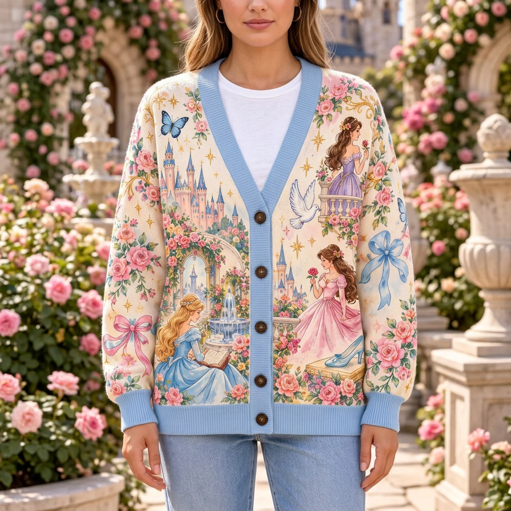 Female model wearing the sky-blue fairytale princess cardigan
