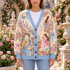 Female model wearing the sky-blue fairytale princess cardigan
