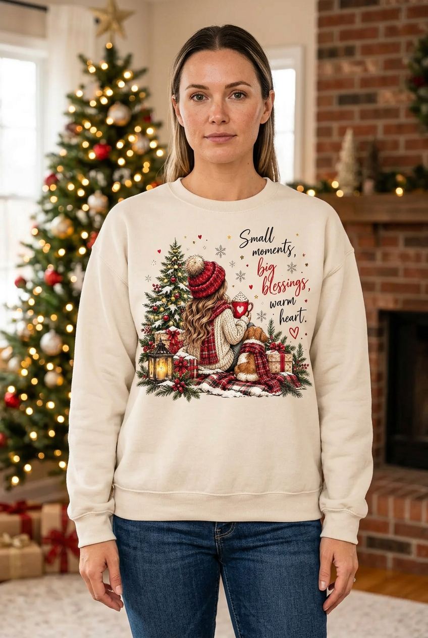 Female model wearing the Small Moments Christmas sweatshirt