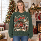 Female model wearing the Small Town Christmas sweatshirt