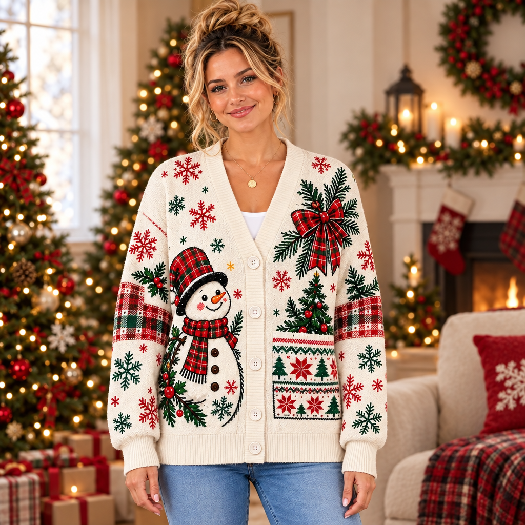 Female model wearing the snowman and bow cardigan