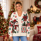 Female model wearing the snowman and bow cardigan