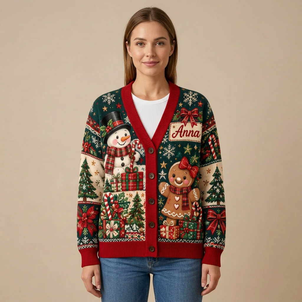 Female model wearing the snowman and gingerbread cardigan