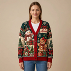 Female model wearing the snowman and gingerbread cardigan