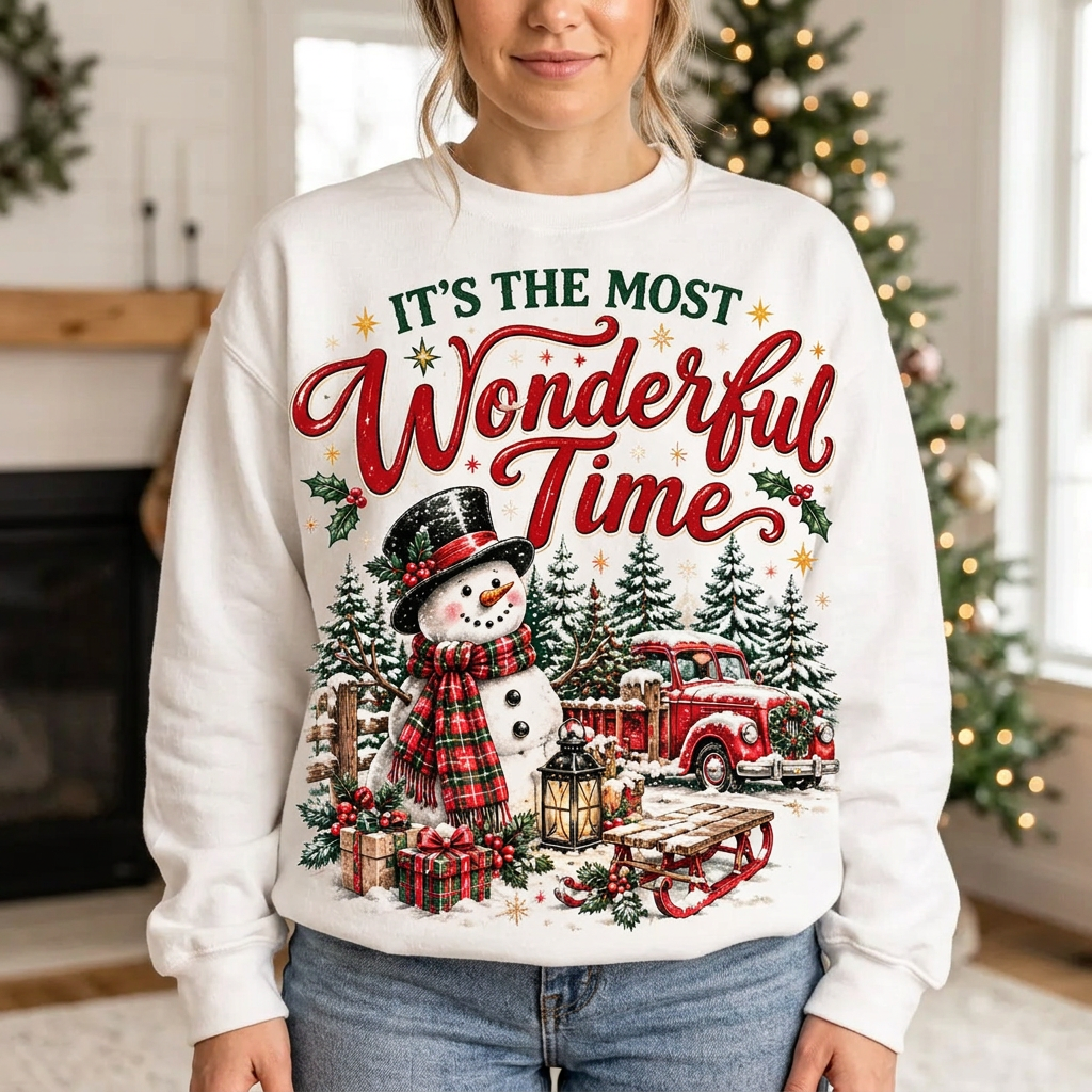 Female model wearing the snowman and red truck sweatshirt