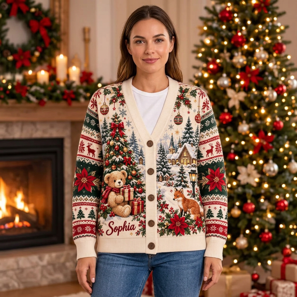 Female model wearing the Sophia Bear Christmas cardigan