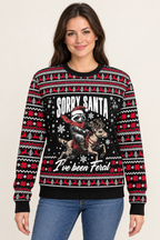 Female model wearing the Sorry Santa sweater