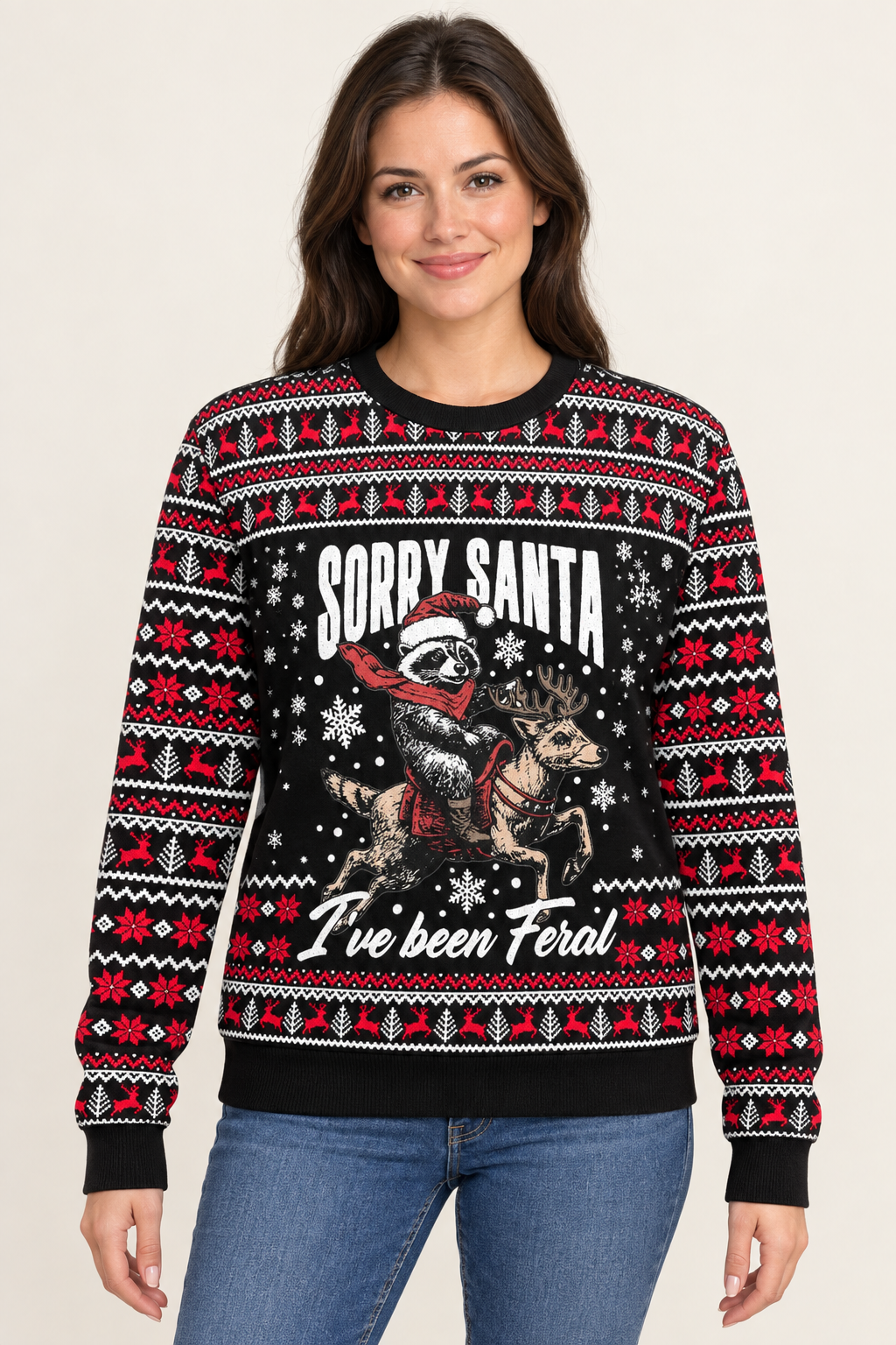 Female model wearing the Sorry Santa sweater