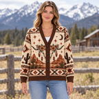 Female model wearing the Southwestern cardigan